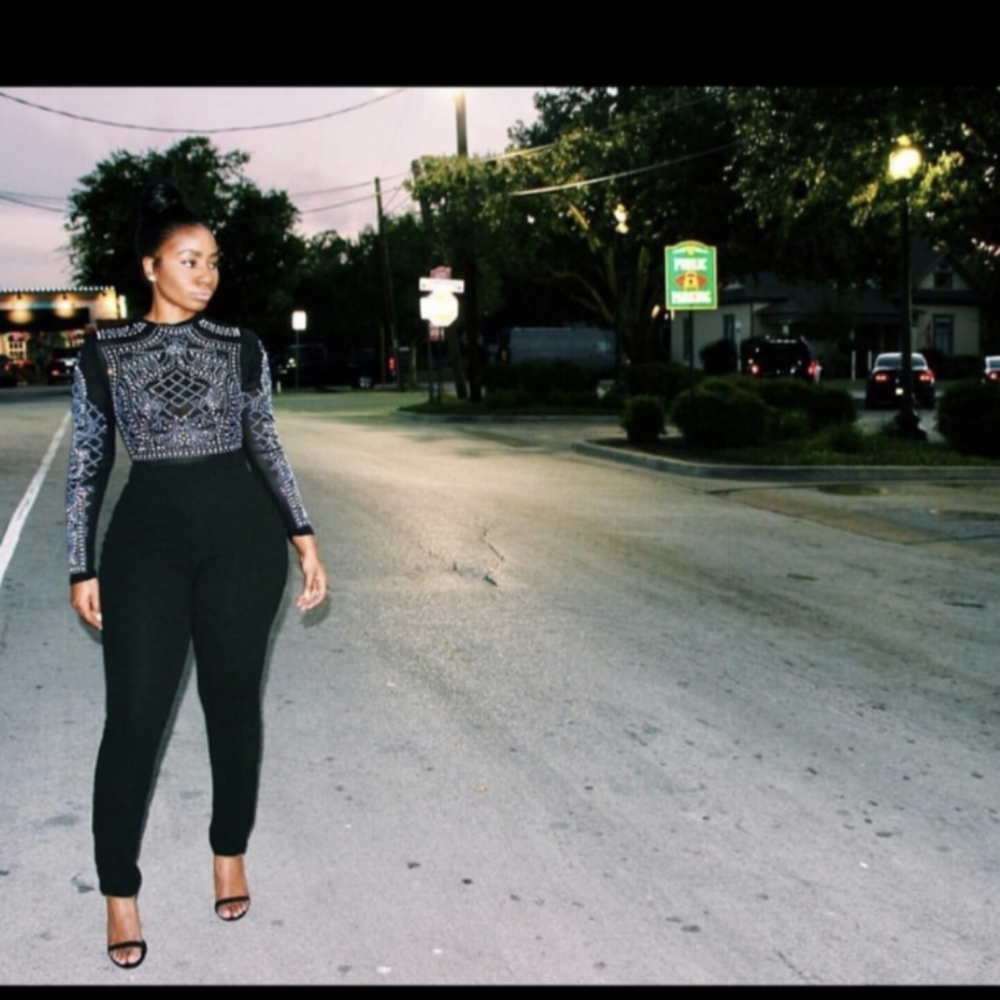 Embellished Black Long-Sleeve Jumpsuit